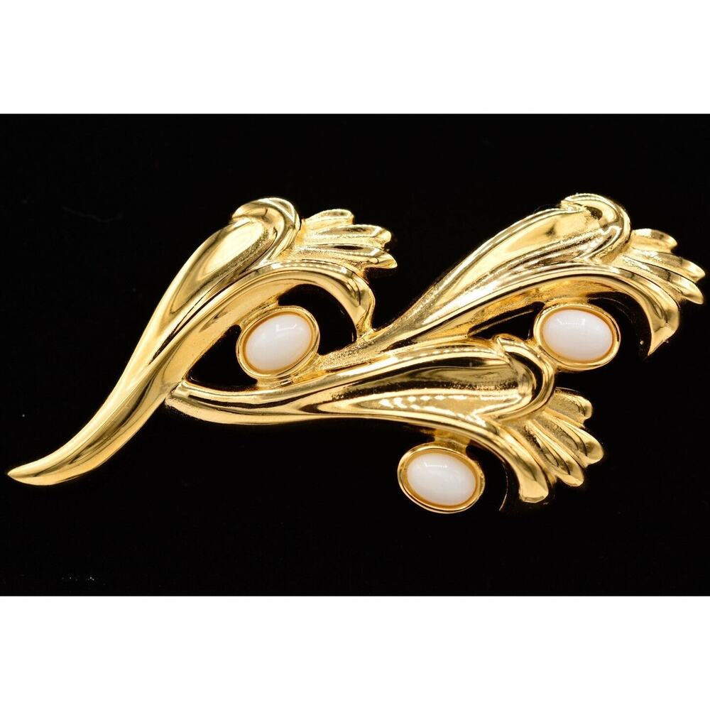 Givenchy Vintage Flower Cabochon Pin Brooch Milky White Gold Signed 1980s BinAH